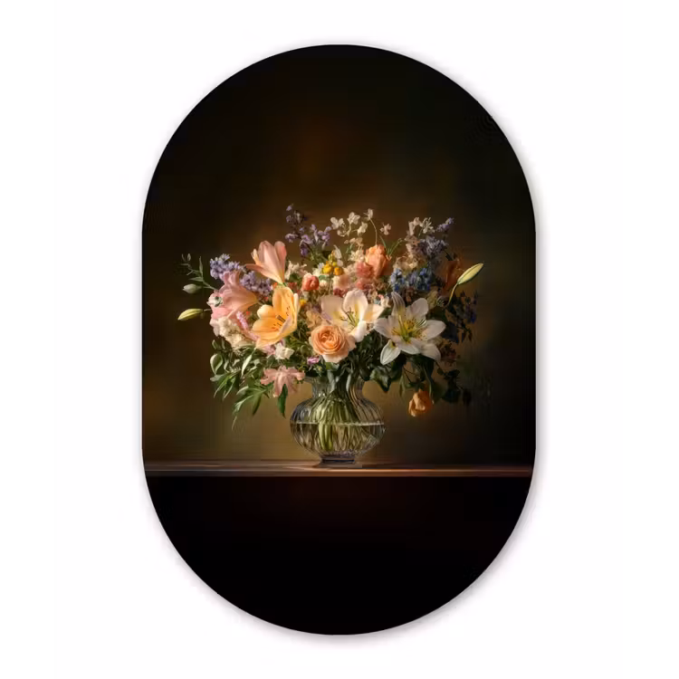 Glazen - Bloemen - Boeket - Kleuren Wandcirkel Ovaal Forex klein -3d
