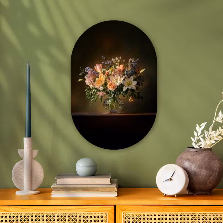 Glazen - Bloemen - Boeket - Kleuren Wandcirkel Ovaal Forex klein -sfeer2