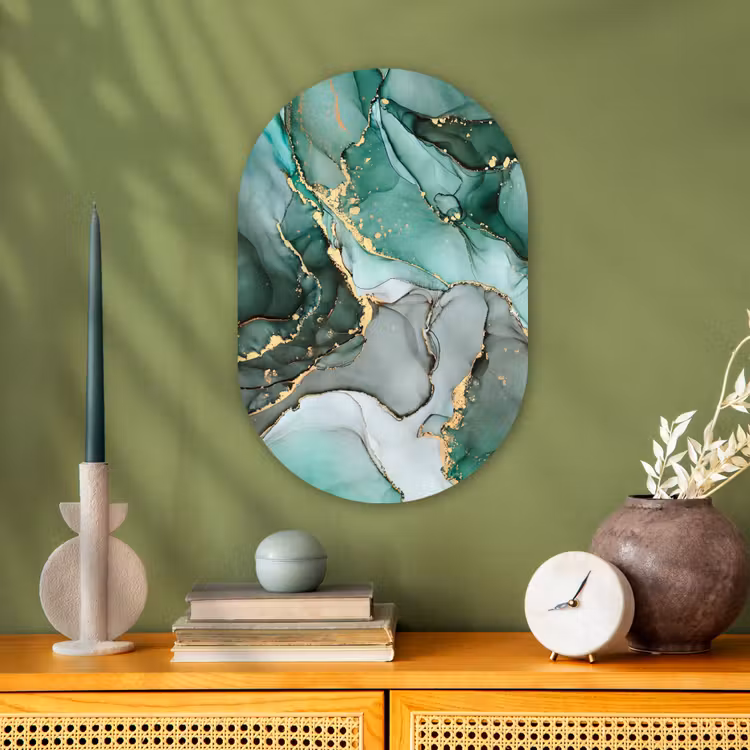 Goud - Marmer - Groen - Luxe - Marmerlook - Grijs Wandcirkel Ovaal Forex klein -sfeer2