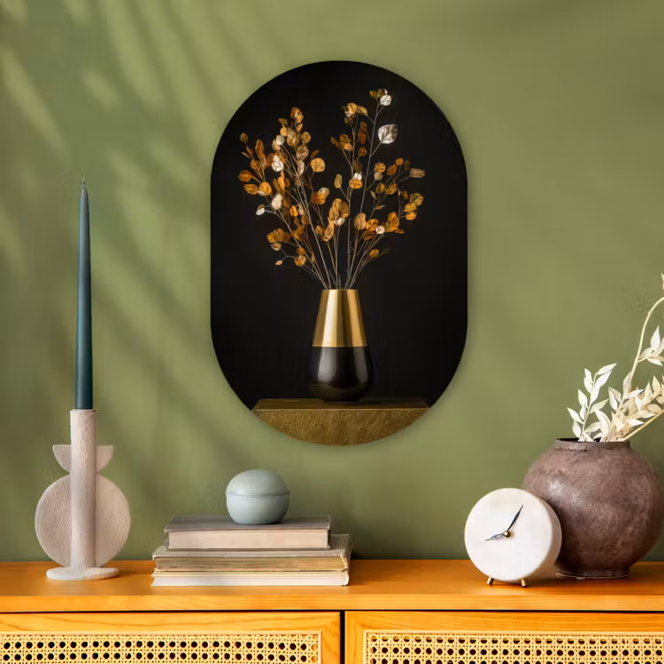 Goudbruine - Bladeren - Vaas - Herfstachtig Wandcirkel Ovaal Forex klein -sfeer2