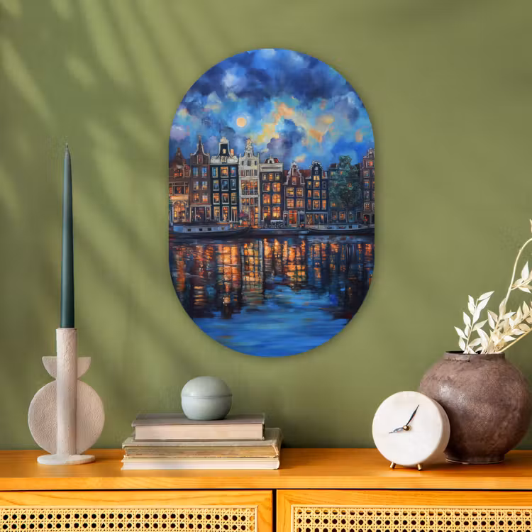 Grachten Amsterdam - Huizen - Stad - Kleurrijk Wandcirkel Ovaal Forex klein -sfeer2