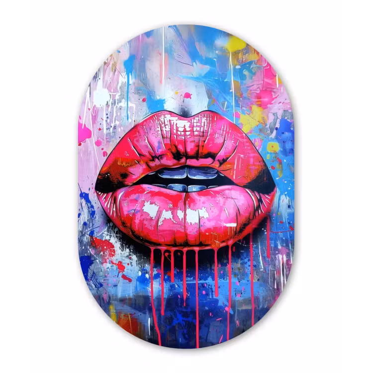Graffiti - Lippen - Felroze - Geschilderd Wandcirkel Ovaal Forex klein -3d
