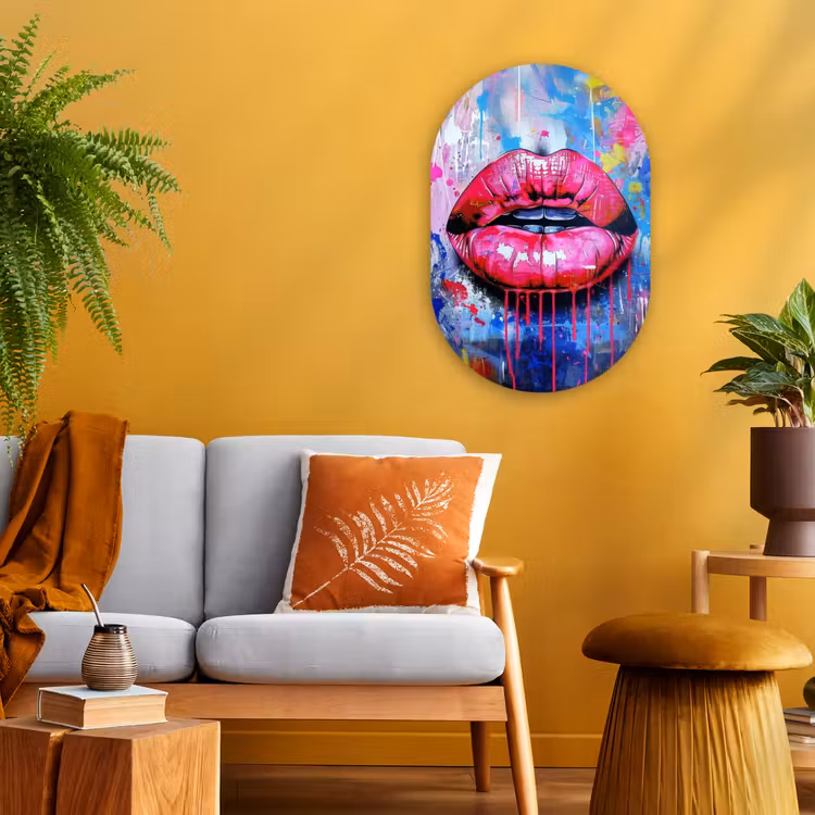 Graffiti - Lippen - Felroze - Geschilderd Wandcirkel Ovaal Forex klein -sfeer4