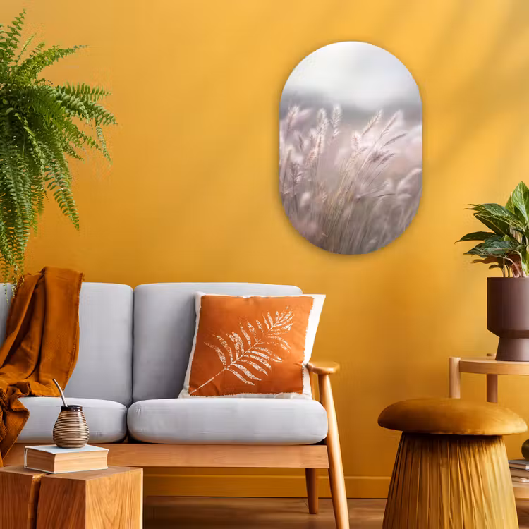 Graspluimen - Wind - Beige - Mistig Wandcirkel Ovaal Forex klein -sfeer4