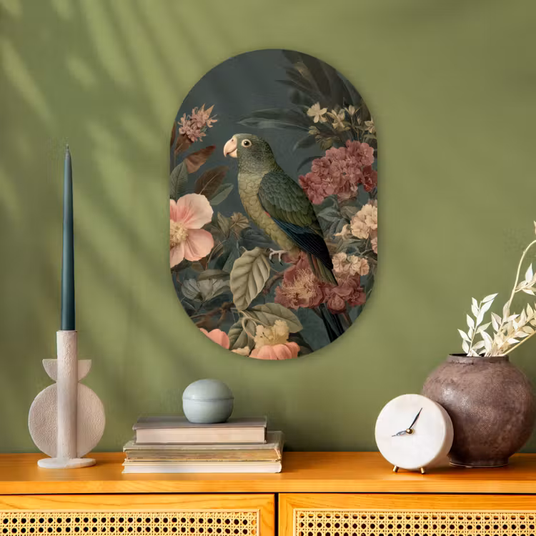Groene papegaai - Kleurrijke bloemen - Donkere achtergrond Wandcirkel Ovaal Forex klein -sfeer2