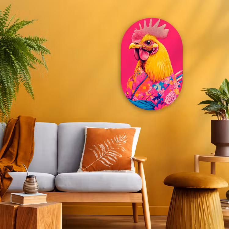 Haan - Kleurrijk - Kimono - Roze Wandcirkel Ovaal Forex klein -sfeer4