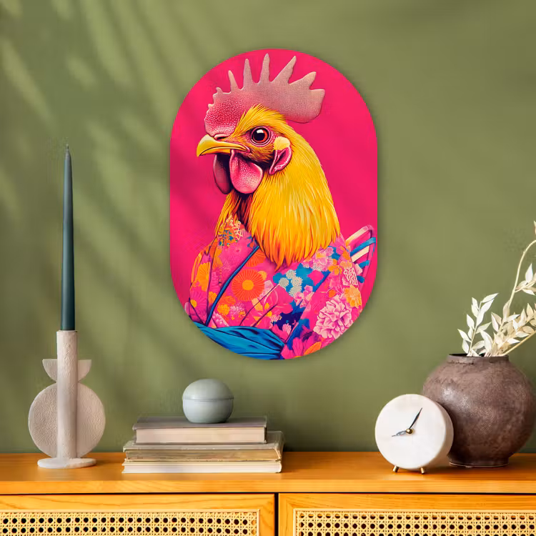 Haan - Kleurrijk - Kimono - Roze Wandcirkel Ovaal Forex klein -sfeer2