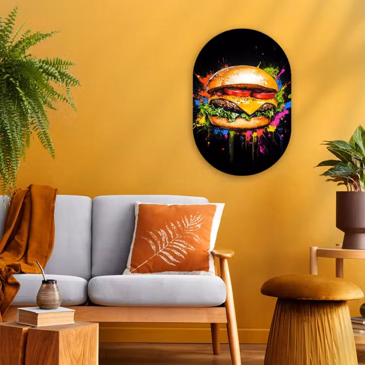 Hamburger - Graffiti - Verf - Kleurrijk - Eten - Abstract Wandcirkel Ovaal Forex klein -sfeer4