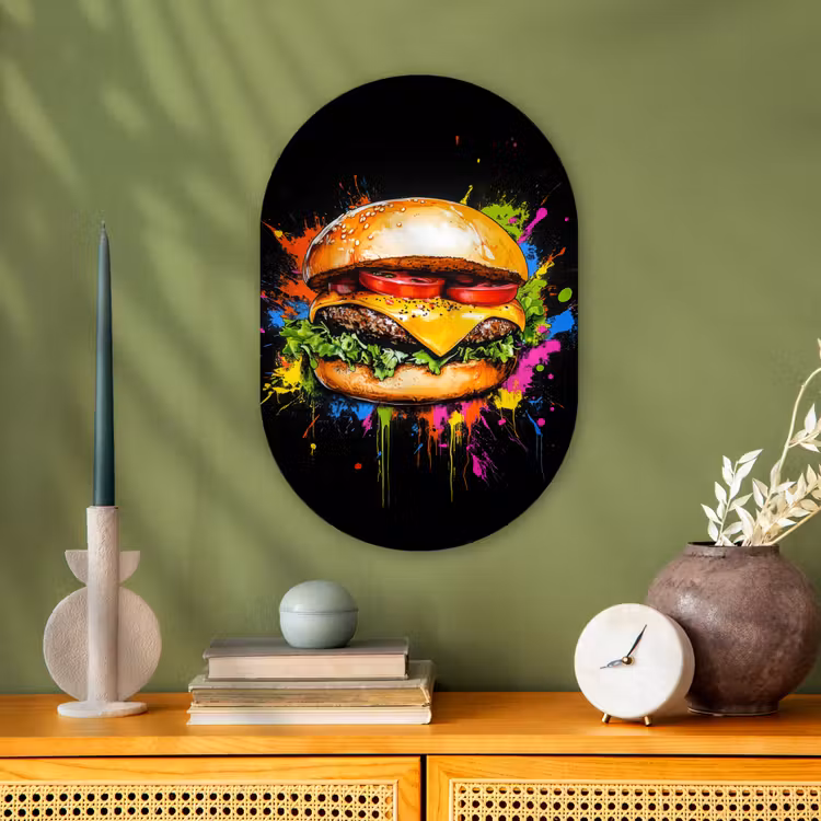 Hamburger - Graffiti - Verf - Kleurrijk - Eten - Abstract Wandcirkel Ovaal Forex klein -sfeer2