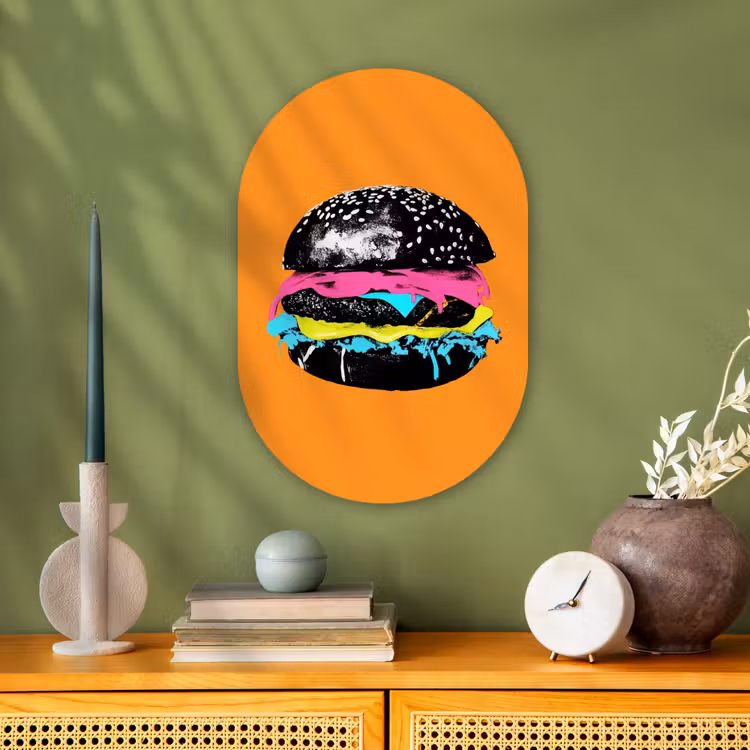 Hamburger - Oranje - Neon - popart Wandcirkel Ovaal Forex klein -sfeer2