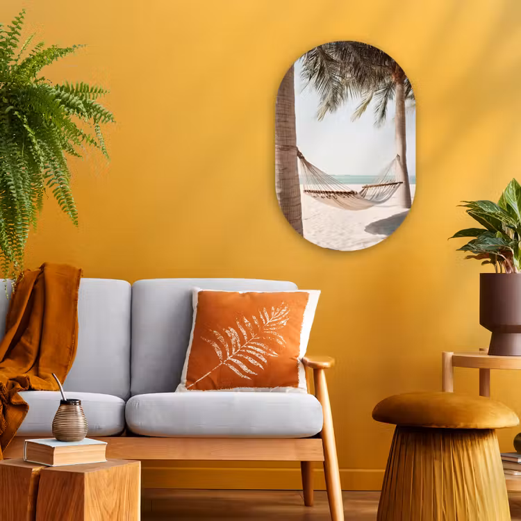 Hangmat - Palmbomen - Strand - Zee Wandcirkel Ovaal Forex klein -sfeer4