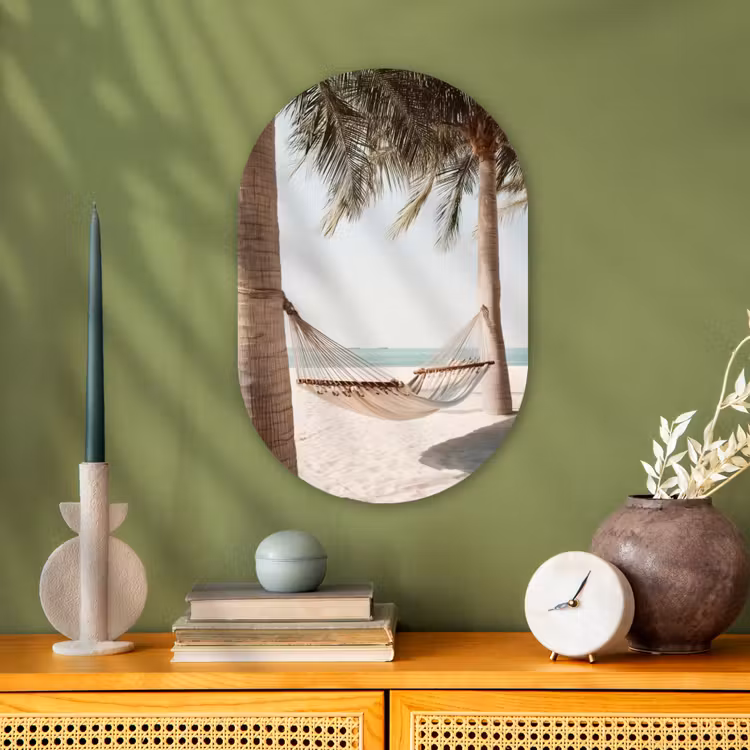 Hangmat - Palmbomen - Strand - Zee Wandcirkel Ovaal Forex klein -sfeer2