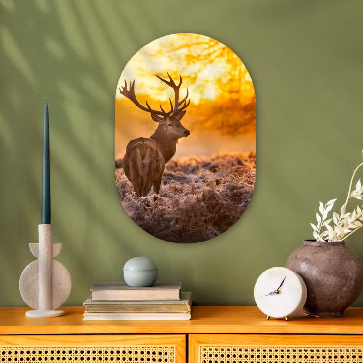 Hert - Dieren - Zonsondergang - Winter - Heide - Natuur Wandcirkel Ovaal Forex klein -sfeer2