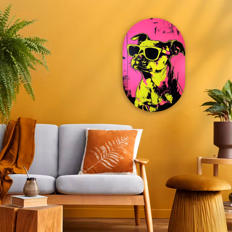 Hond - Zonnebril - Roze - Art Wandcirkel Ovaal Forex klein -sfeer4