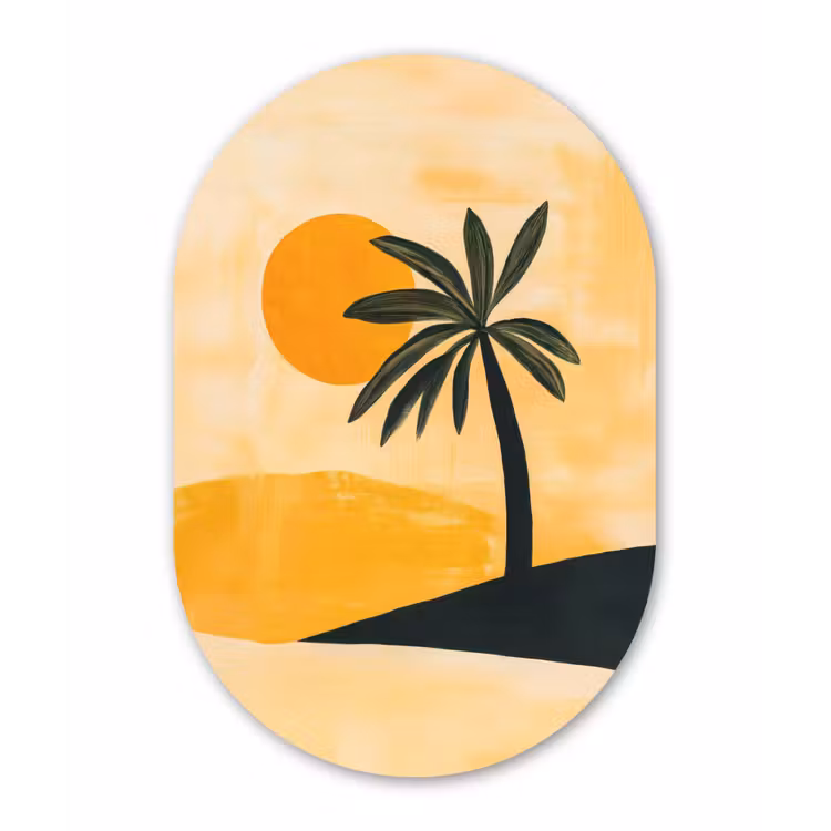 Illustratie - Palmboom - Zon - Heuvels Wandcirkel Ovaal Forex klein -3d