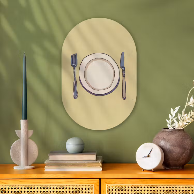 Illustratie - Bord - Bestek - Beige Wandcirkel Ovaal Forex klein -sfeer2
