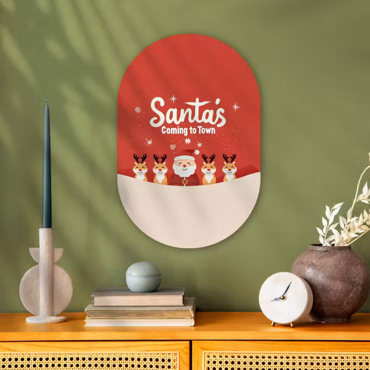 Illustratie - Kerstman - Rendieren - Rood Wandcirkel Ovaal Forex klein -sfeer2