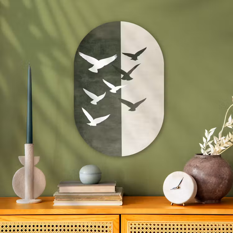 Japandi - Vogel - Groen Wandcirkel Ovaal Forex klein -sfeer2
