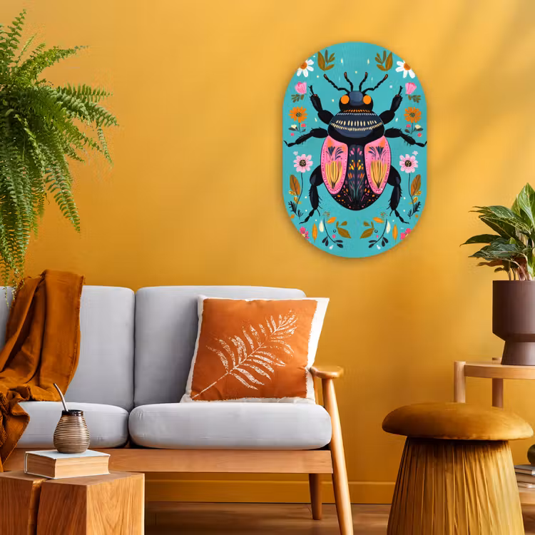 Kever - Bloemmotieven - Turquoise - Bladeren Wandcirkel Ovaal Forex klein -sfeer4