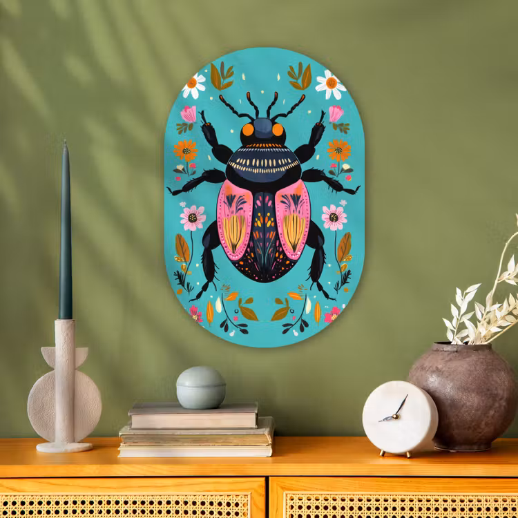 Kever - Bloemmotieven - Turquoise - Bladeren Wandcirkel Ovaal Forex klein -sfeer2