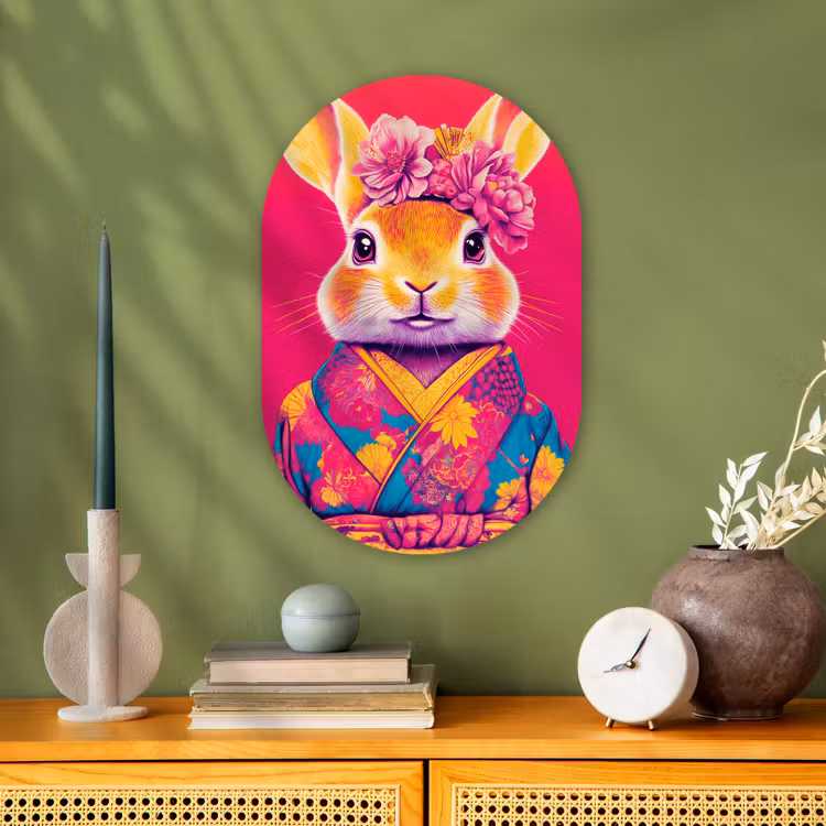 Konijn - Bloemen - Kleurrijk - Kimono Wandcirkel Ovaal Forex klein -sfeer2