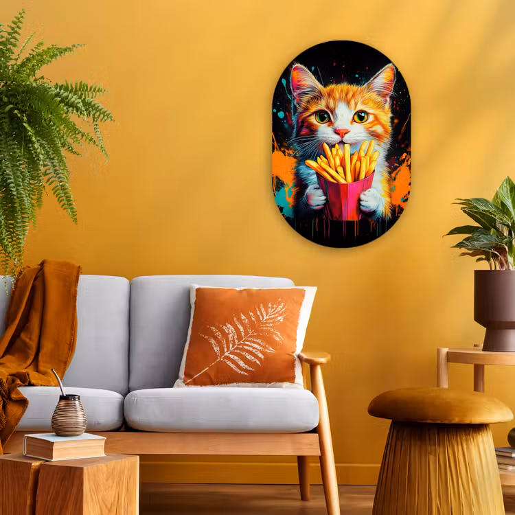 Kat - Eten - Patat - Graffiti - Abstract Wandcirkel Ovaal Forex klein -sfeer4
