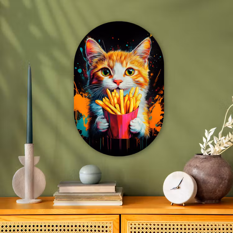 Kat - Eten - Patat - Graffiti - Abstract Wandcirkel Ovaal Forex klein -sfeer2
