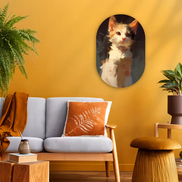 Kat - Geschilderd - Artistiek - Wit Wandcirkel Ovaal Forex klein -sfeer4