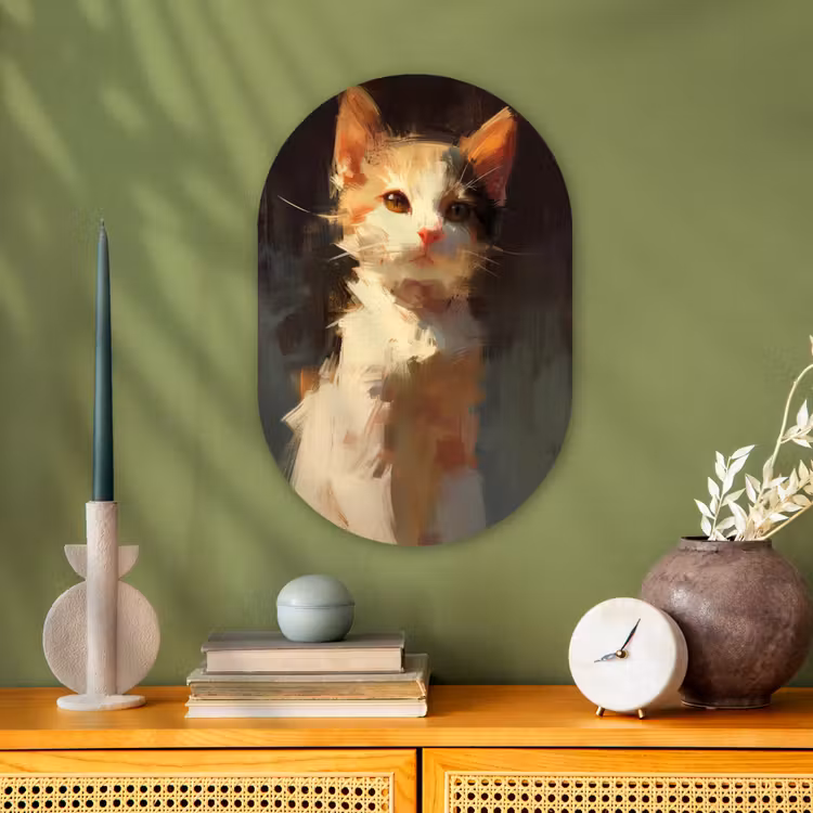 Kat - Geschilderd - Artistiek - Wit Wandcirkel Ovaal Forex klein -sfeer2