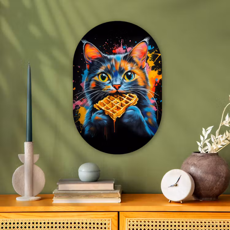 Kat - Graffiti - Kleurrijk - Wafel - Eten Wandcirkel Ovaal Forex klein -sfeer2