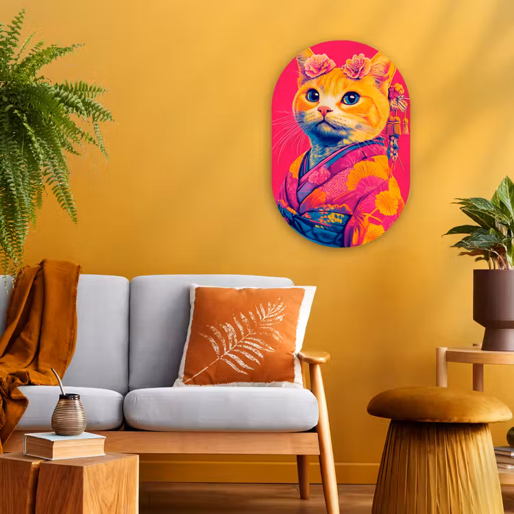 Kat - Kimono - Bloemen - Roze Wandcirkel Ovaal Forex klein -sfeer4