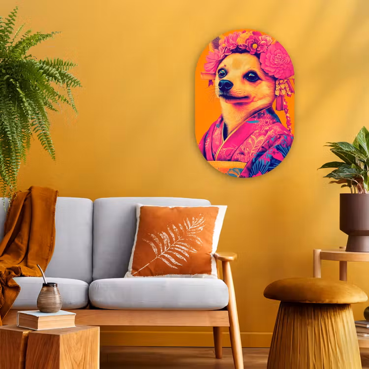 Kimono - Hondje - Bloemenkroon - Oranje Wandcirkel Ovaal Forex klein -sfeer4