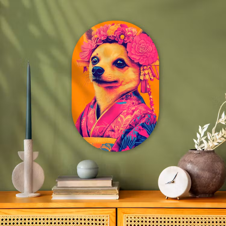 Kimono - Hondje - Bloemenkroon - Oranje Wandcirkel Ovaal Forex klein -sfeer2