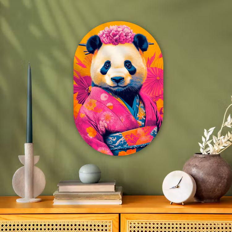 Kimono - Roze - Panda - Bloemenkroon Wandcirkel Ovaal Forex klein -sfeer2