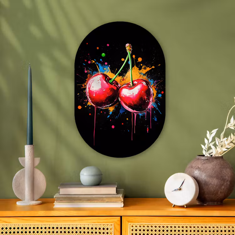 Kersen - Fruit - Graffiti - Verf - Abstract - Modern - Kleurrijk Wandcirkel Ovaal Forex klein -sfeer2
