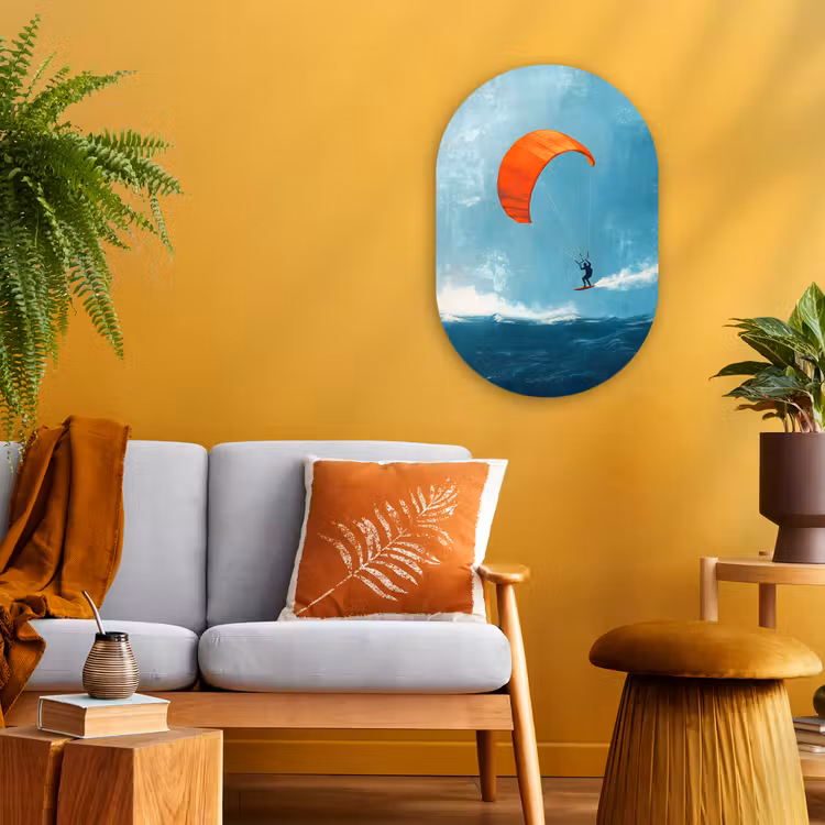 Kitesurfer - Oranje - Zee - Lucht Wandcirkel Ovaal Forex klein -sfeer4