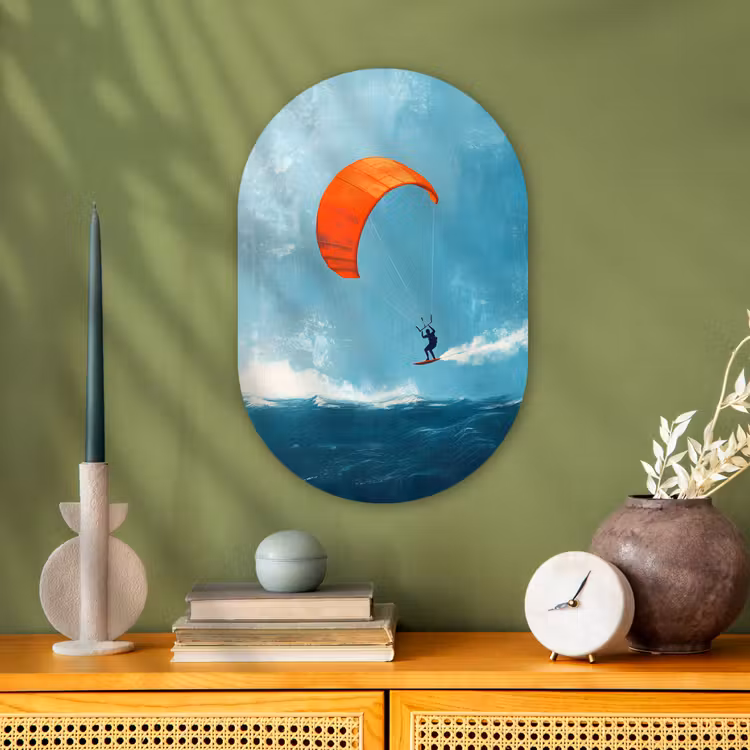 Kitesurfer - Oranje - Zee - Lucht Wandcirkel Ovaal Forex klein -sfeer2