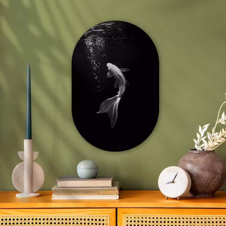 Koi - Vis - Wit - Zwart Wandcirkel Ovaal Forex klein -sfeer2