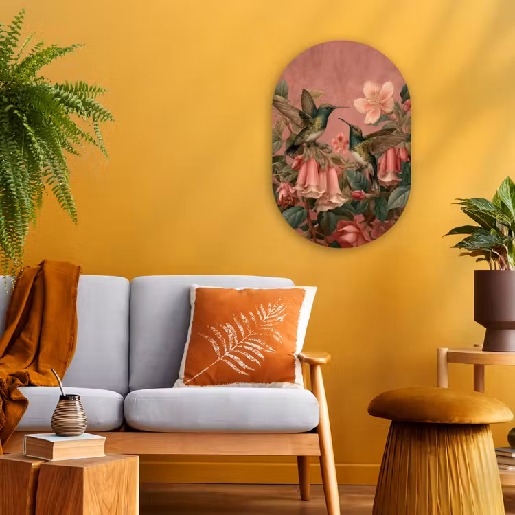 Kolibries - Bloemen - Groen - Roze Wandcirkel Ovaal Forex klein -sfeer4