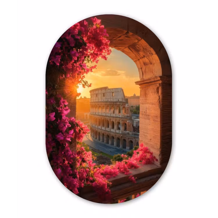Colosseum - Rome - Roze Bloemen Wandcirkel Ovaal Forex klein -3d
