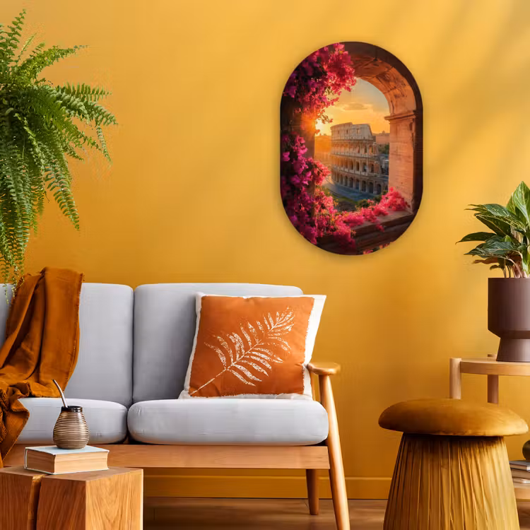 Colosseum - Rome - Roze Bloemen Wandcirkel Ovaal Forex klein -sfeer4