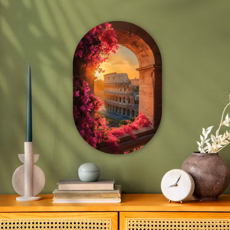 Colosseum - Rome - Roze Bloemen Wandcirkel Ovaal Forex klein -sfeer2