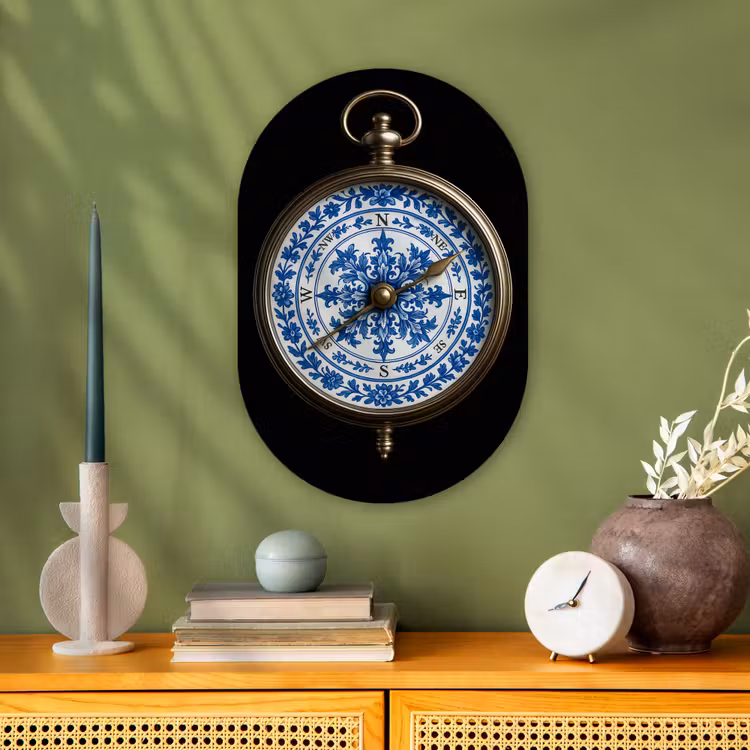 Kompas - Delfts blauw - Zwart Wandcirkel Ovaal Forex klein -sfeer2