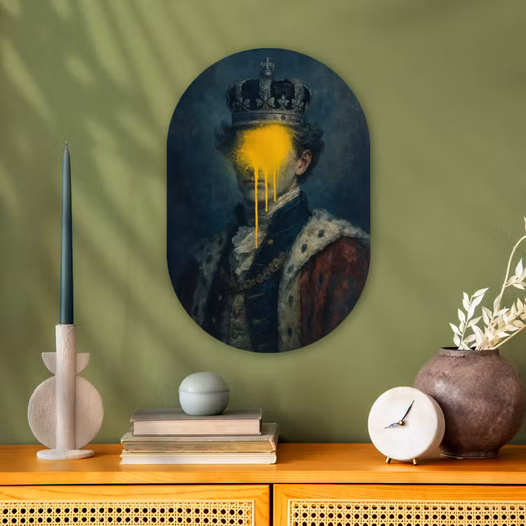 Koning - Portret - Druipende gele verf Wandcirkel Ovaal Forex klein -sfeer2