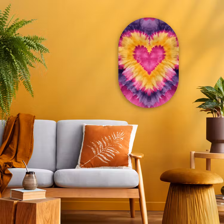 Tie dye - Hartvorm - Vlammen - Oranje Wandcirkel Ovaal Forex klein -sfeer4