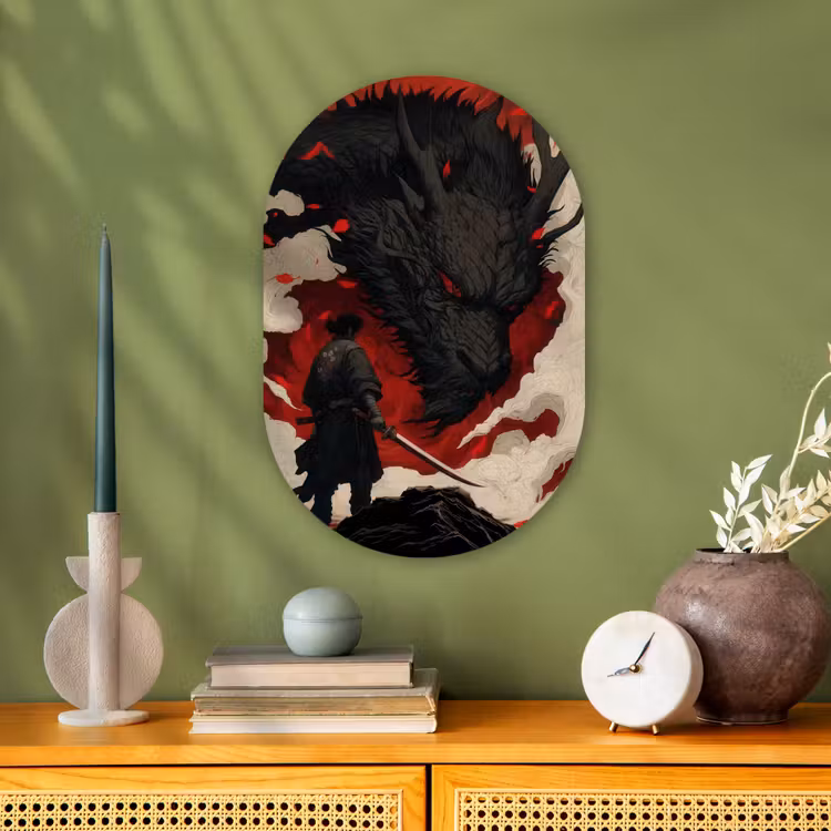 Krijger - Draak - Zwart - Rood - Rook Wandcirkel Ovaal Forex klein -sfeer2