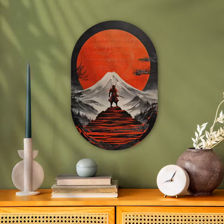 Krijger - Rode trappen - Zon - Berg Wandcirkel Ovaal Forex klein -sfeer2
