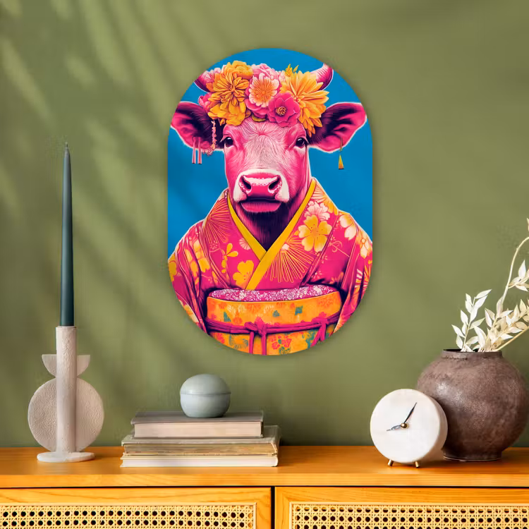 Koe - Bloemenkrans - Oorhangers - Kimono Wandcirkel Ovaal Forex klein -sfeer2