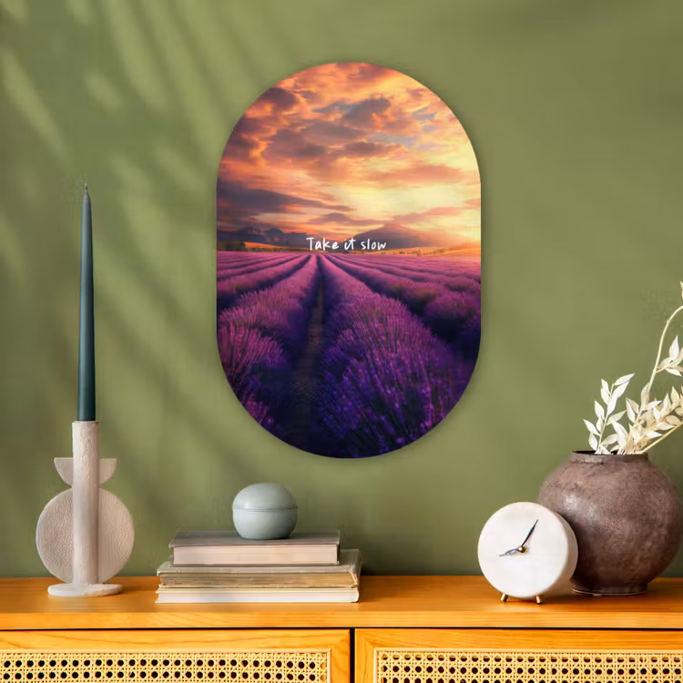 Lavendelveld - Quote - Zonsondergang Wandcirkel Ovaal Forex klein -sfeer2