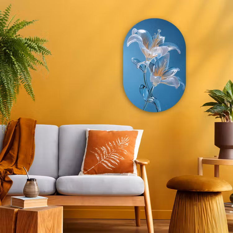 Lelies - Blauw - Glazen Wandcirkel Ovaal Forex klein -sfeer4
